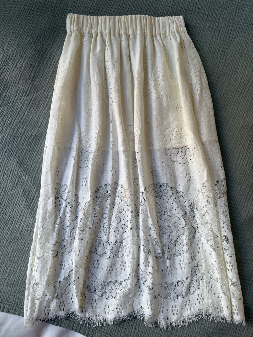 Women's Cream Lace Midi Skirt with Elastic Waist